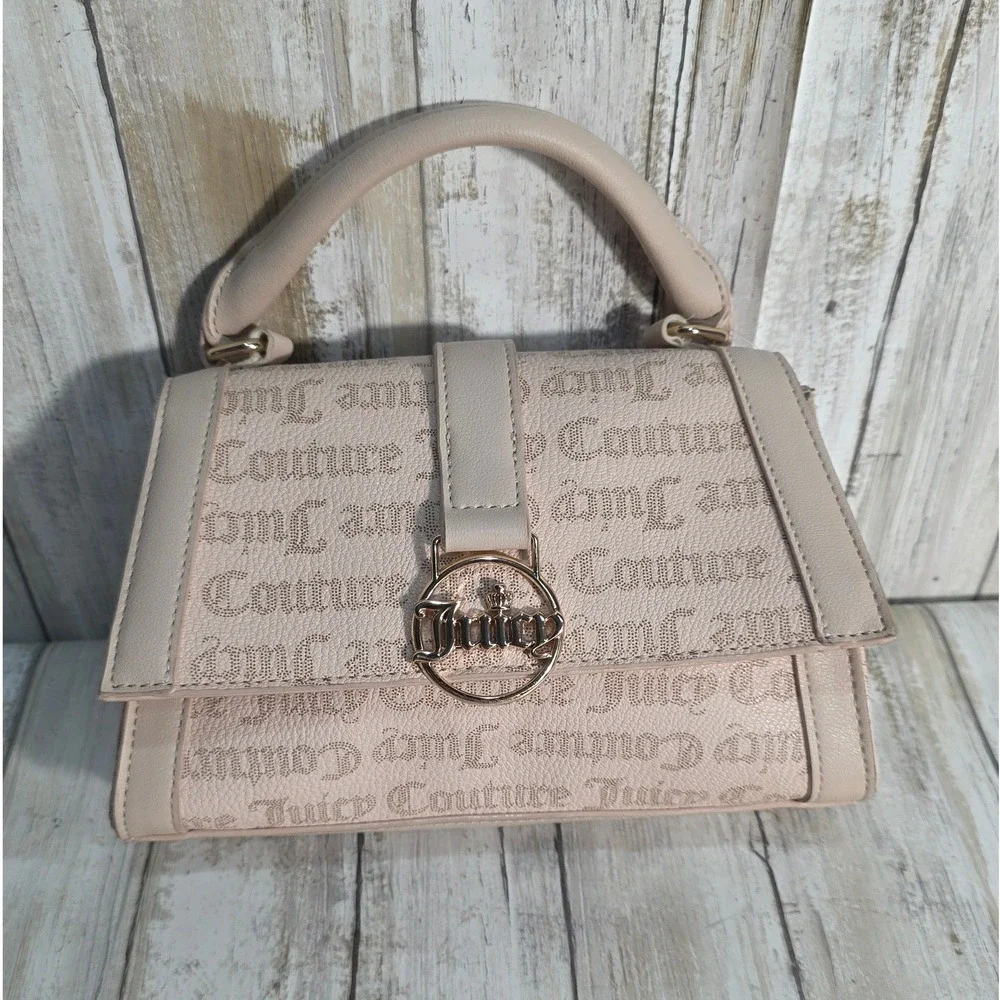 Juicy Couture Blush Pink Logo Print Top Handle Satchel Bag Gold Tone Hardware